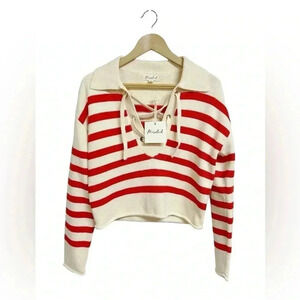 Marled Red and Cream Striped Lace Up Aria Sweater Size Small NWT